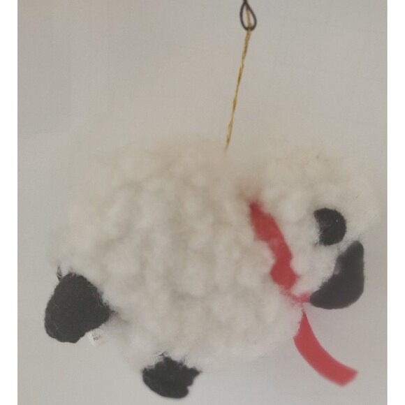Vintage SHEEP LAMB Covered w/Fuzzy Wool Red Bow Christmas Ornament Cannon Falls - Picture 6 of 8